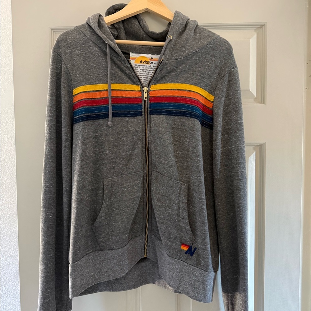 Aviator Nation Gray Zip-Up Hoodie with Rainbow Stripes